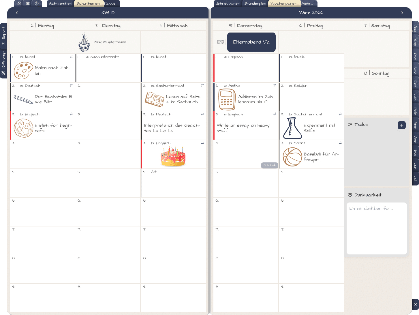 Wochenplaner-Ansicht in Plantegro: Unterrichtseinheiten, Termine und Notizen auf einen Blick
